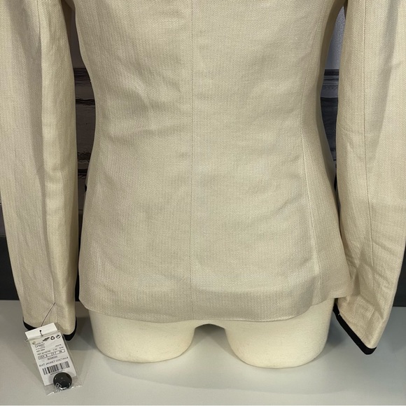 EUC Mango MNG Tan W/ Black Trim Linen Blend One Button Blazer Jacket Sz 6 - Picture 7 of 10